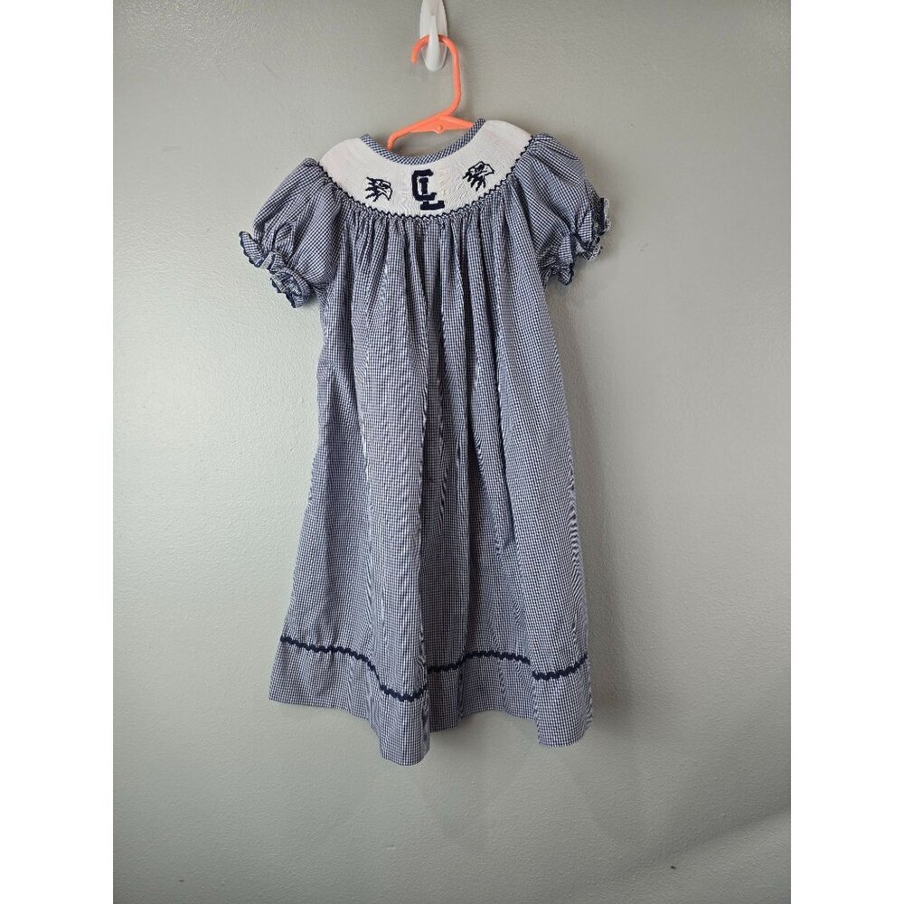 Charlotte Eagles Smocked Dress Girl's Size 4T Navy Blue Plaid Short Sleeve